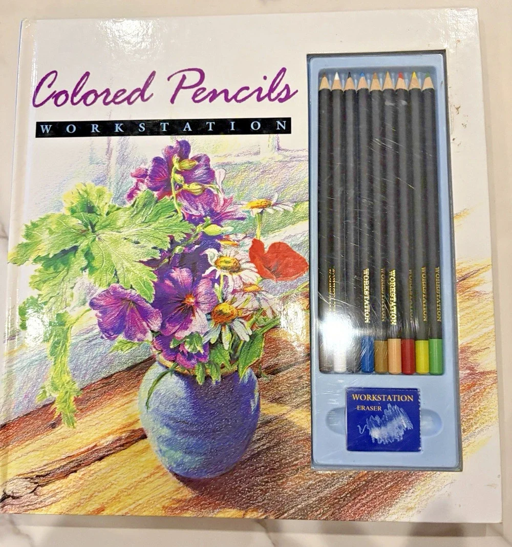 1993 Colored Pencils Workstation Art Drawing Kit Book Pencils Eraser New Vintage